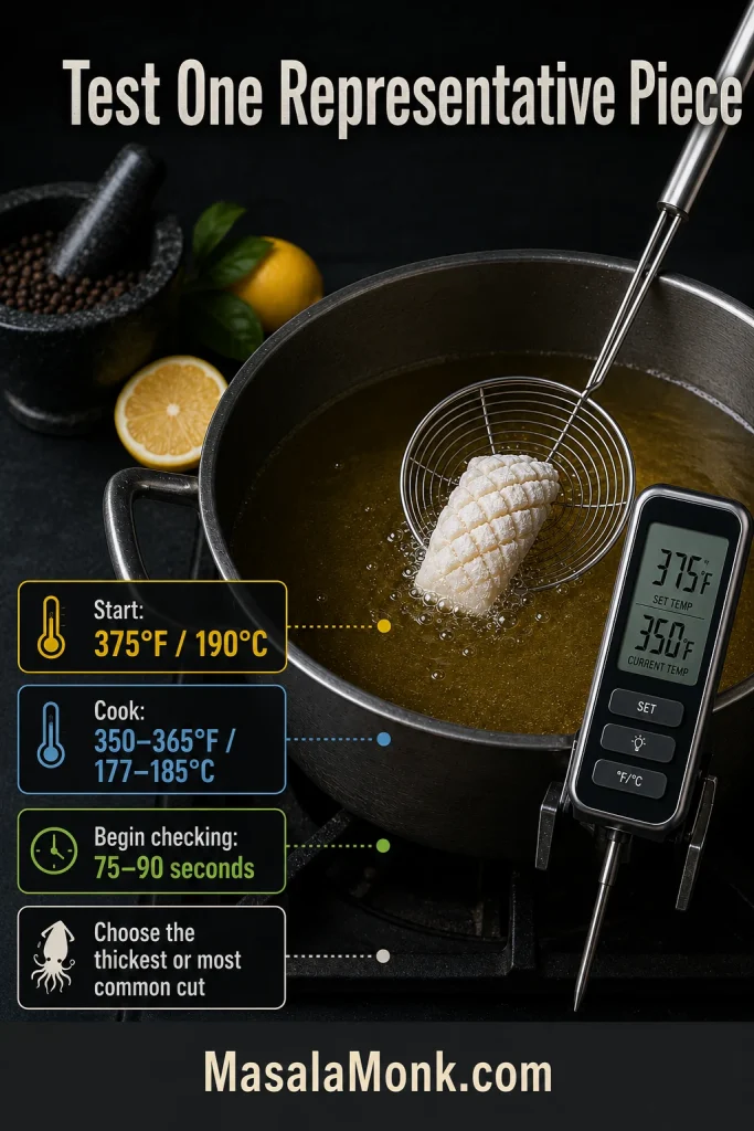 A scored piece of squid entering hot oil with temperature and first-check timing callouts.