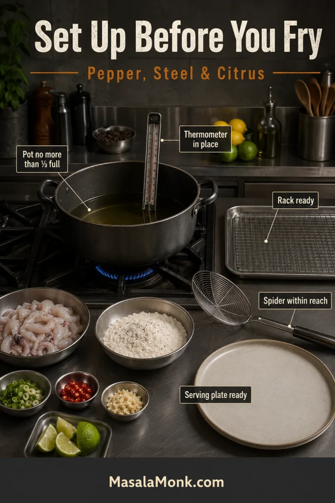 Frying station with a deep pot, thermometer, spider strainer, wire rack, tray, coating bowl, raw squid and serving plate.
