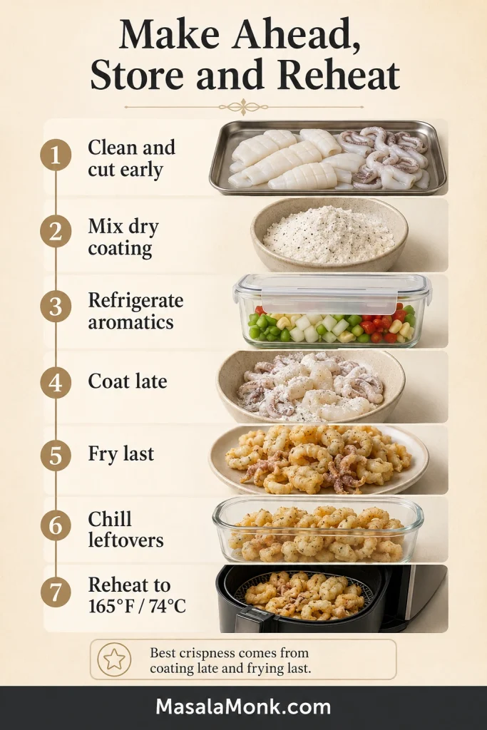 Timeline showing cleaned squid, dry coating, refrigerated aromatics, late coating, frying, chilled leftovers and reheating to 165 degrees Fahrenheit.