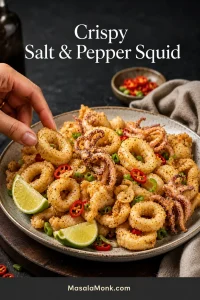 Pale-golden salt and pepper squid on a platter with rings, scored pieces, tentacles, garlic, red chilli, spring onion and lime wedges.