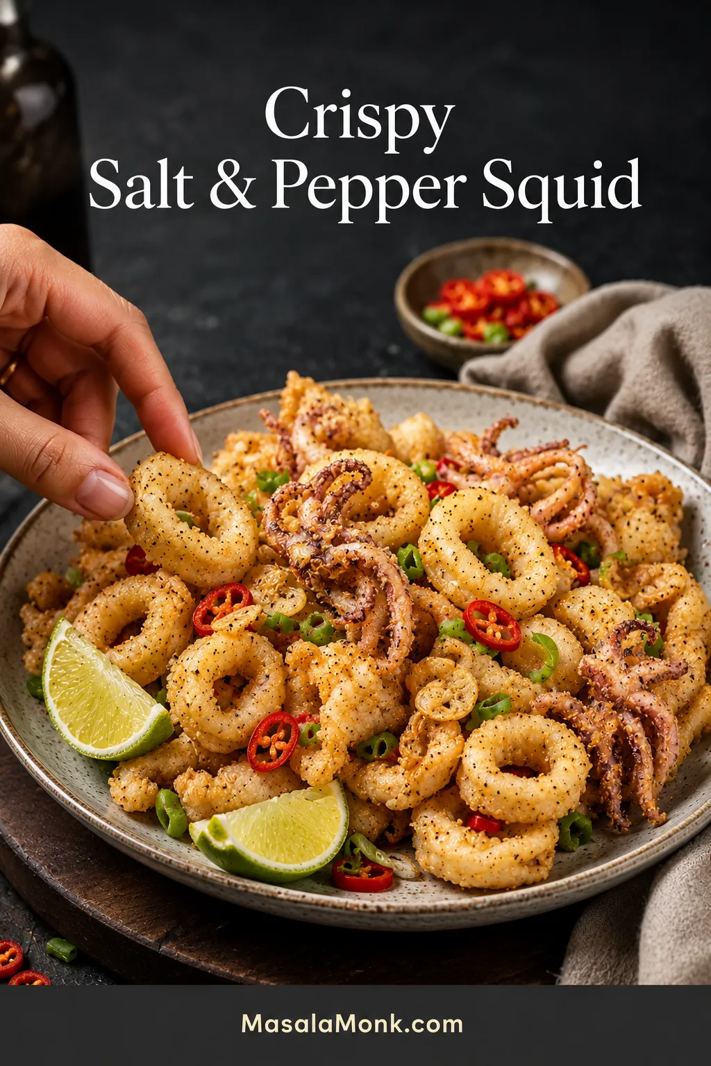 Pale-golden salt and pepper squid on a platter with rings, scored pieces, tentacles, garlic, red chilli, spring onion and lime wedges.