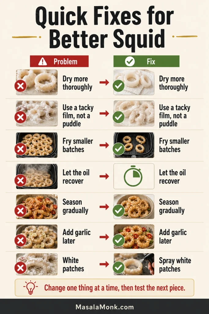 Quick-fix guide showing drying squid, using a tacky film, smaller batches, oil recovery, gradual seasoning, late garlic and sprayed dry patches.