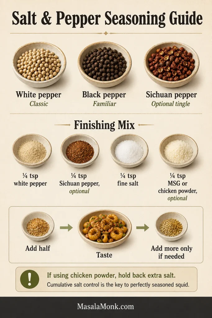 Seasoning guide with white pepper, black pepper, Sichuan pepper, fine salt, optional MSG or chicken powder and a taste-first flow.