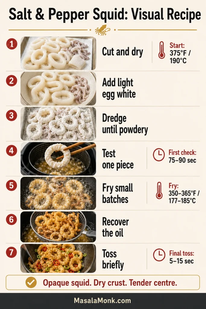 Visual recipe card showing seven stages from cutting and drying squid to tossing it briefly with aromatics.