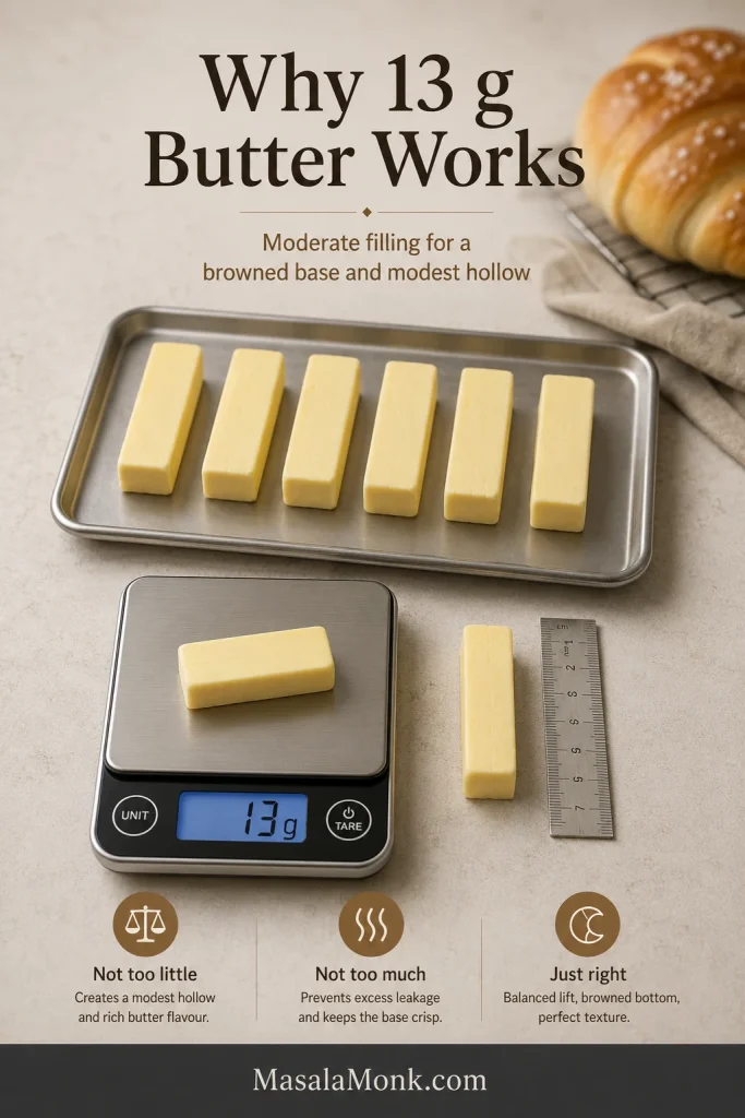 Butter batons arranged on a tray, with one piece on a digital scale reading 13 g and another piece beside a ruler.