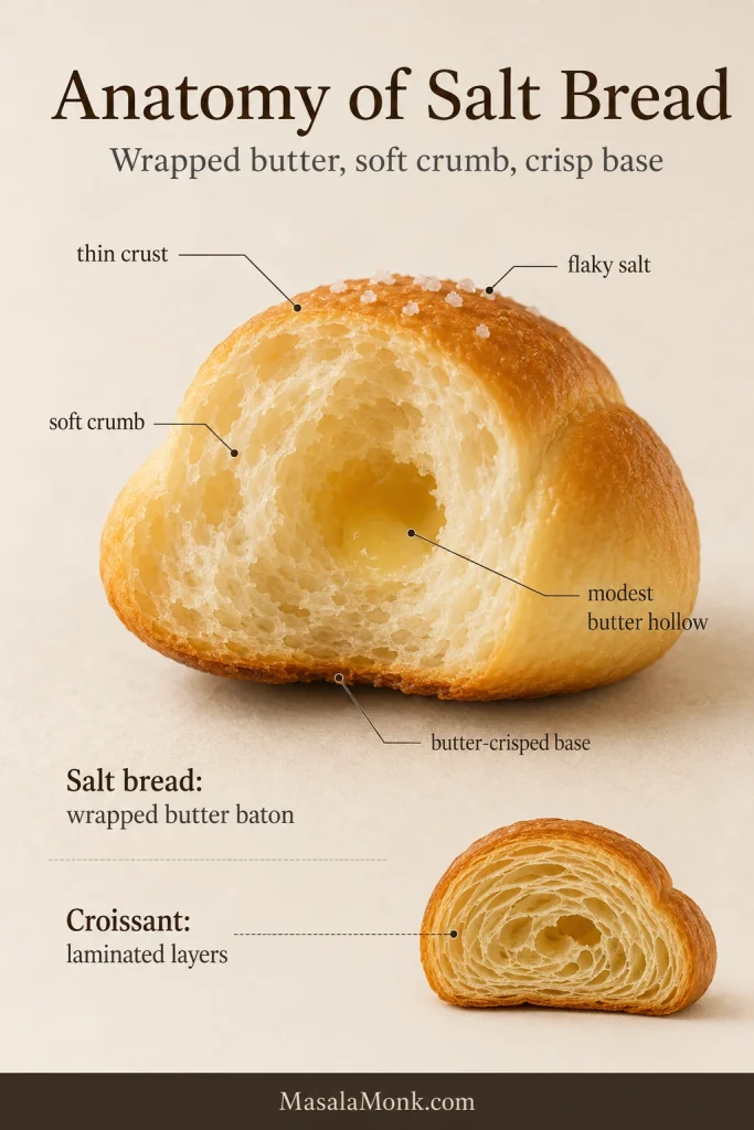 Cutaway diagram of salt bread with labels for thin crust, soft crumb, butter hollow, butter-crisped base and flaky salt, plus a small croissant inset.