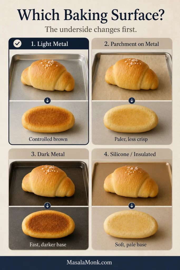 Four-way comparison board showing salt bread baked on light metal, parchment on metal, dark metal and silicone or insulated surfaces with different underside results.