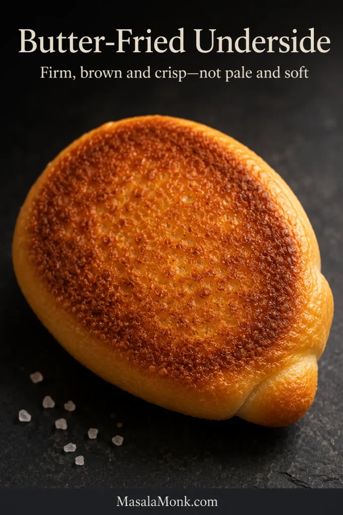 Extreme close-up of the deeply browned butter-fried underside of a salt bread roll on a dark surface.
