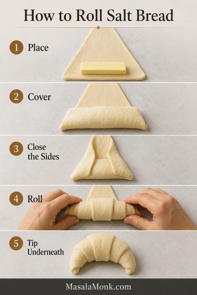 Five-step salt bread rolling guide showing butter placed on the dough, covered, sealed at the sides, rolled and finished tip-side down.