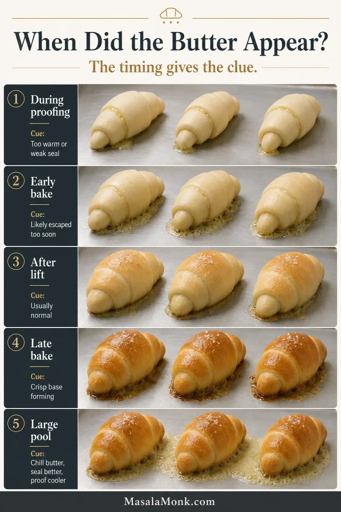 Five-stage butter timing guide showing leakage during proofing, early bake, after oven lift, late bake and a large butter pool.