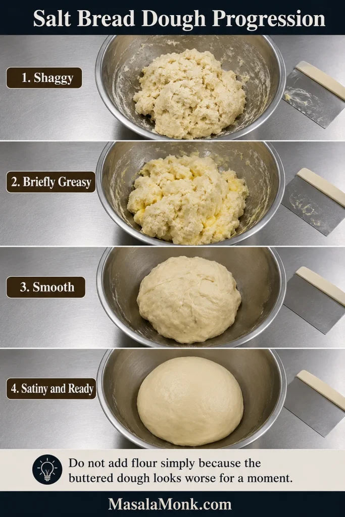 Four-stage board showing salt bread dough changing from shaggy to briefly greasy, then smooth, then satiny and ready.