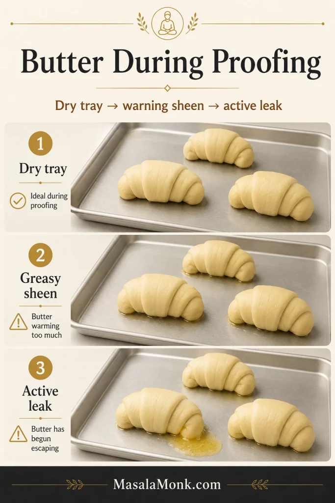 Three-stage proofing board showing unbaked salt bread rolls on a dry tray, then with a faint greasy sheen, then with visible butter leakage.