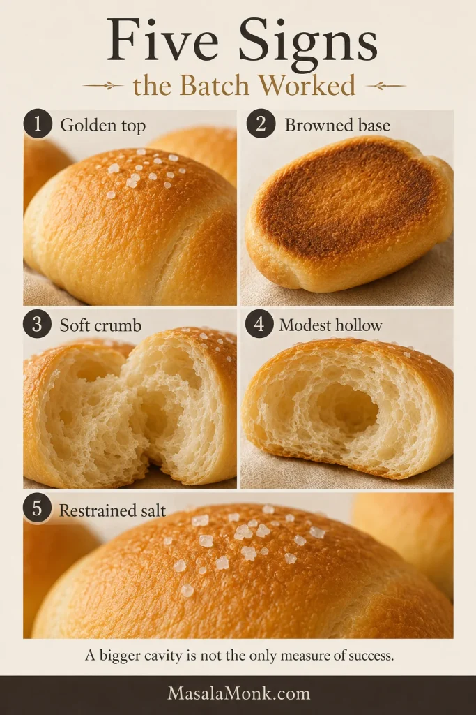 Five-part board showing close-ups of a golden top, browned base, soft crumb, modest hollow and light flaky salt on salt bread.
