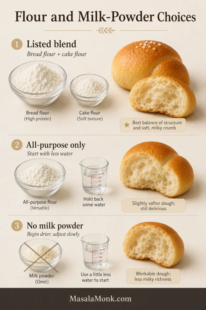 Decision board showing the listed flour blend, an all-purpose flour option with less water and a no-milk-powder option with adjusted hydration.