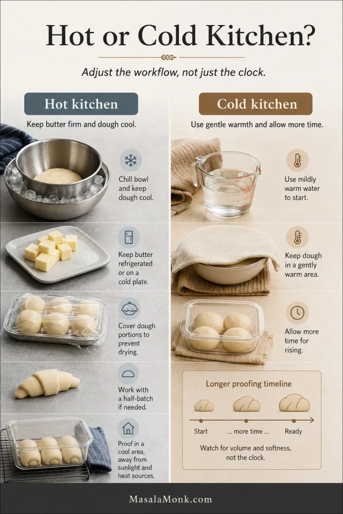 Split guide showing hot-kitchen controls with chilled tools and covered dough, and cold-kitchen controls with mildly warm water and longer proofing.
