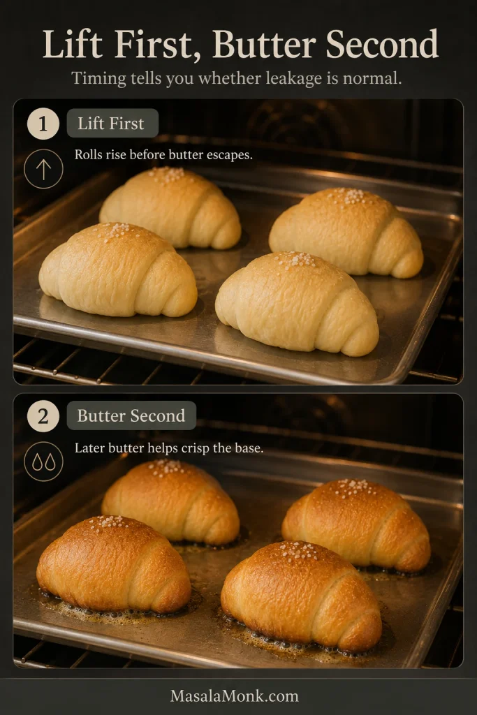Two-stage board showing salt bread rolls rising cleanly early in baking and later browning as butter bubbles lightly around the bases.