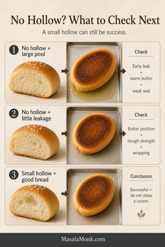 Diagnostic board showing three salt bread outcomes: no hollow with a large butter pool, no hollow with little leakage, and a small hollow with good bread.