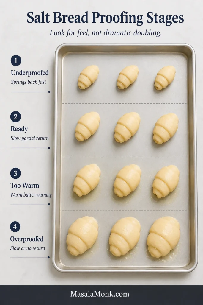Four-stage proofing board showing underproofed, ready, too-warm and overproofed salt bread rolls on a metal tray.