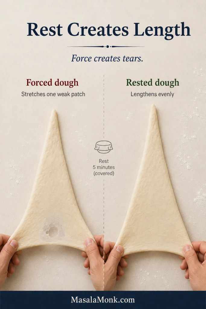 Split image showing forced dough with a weak torn patch beside rested dough stretched into a longer, smoother triangle.