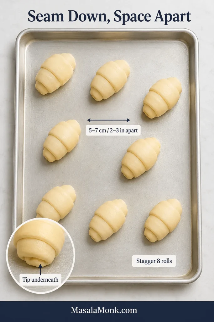 Eight unbaked crescent rolls spaced on a light metal baking tray with labels for tip underneath, spacing and staggered arrangement.