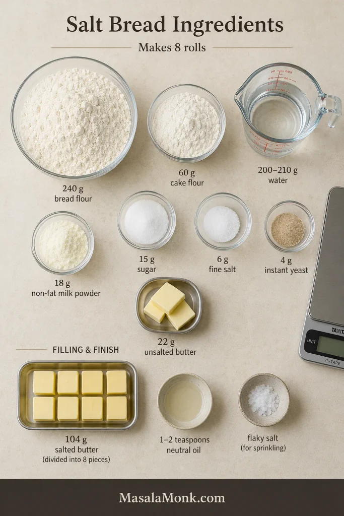 Overhead ingredient board showing bread flour, cake flour, water, milk powder, sugar, salt, instant yeast, butter, neutral oil and flaky salt.