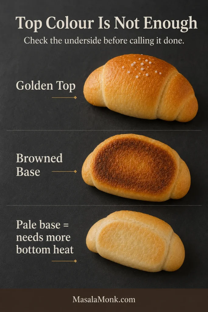 Board comparing a golden salt bread top, a browned underside and a pale underside that needs more bottom heat.