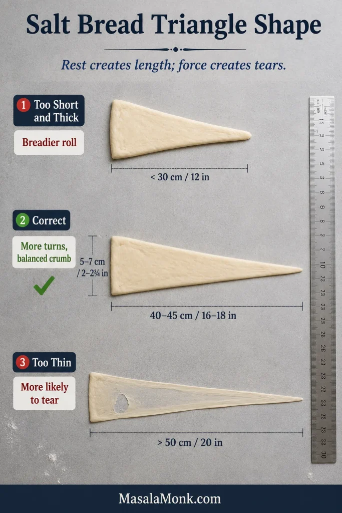 Comparison board showing a short thick dough triangle, a correct long triangle with measurements and an over-thin triangle with a tear.