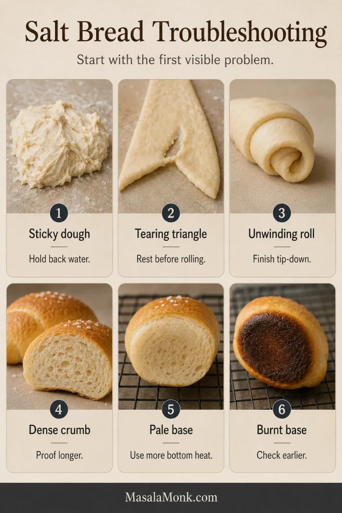 Six-panel troubleshooting board showing sticky dough, torn triangle, unwinding roll, dense crumb, pale base and burnt base with short corrections.