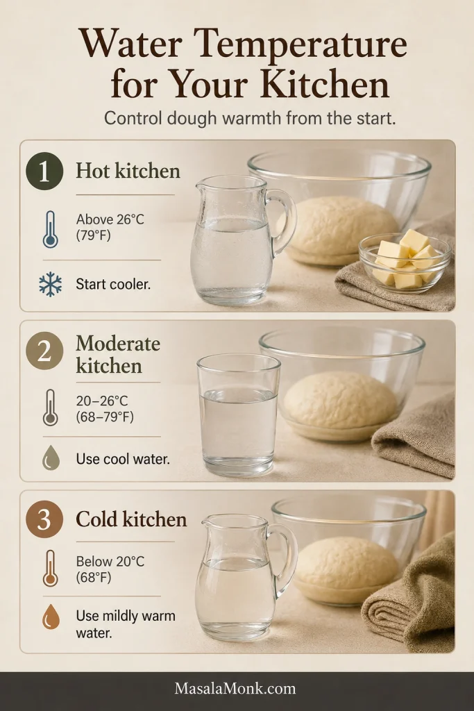 Three-zone guide showing water choices for hot, moderate and cold kitchens with dough bowls and temperature cues.