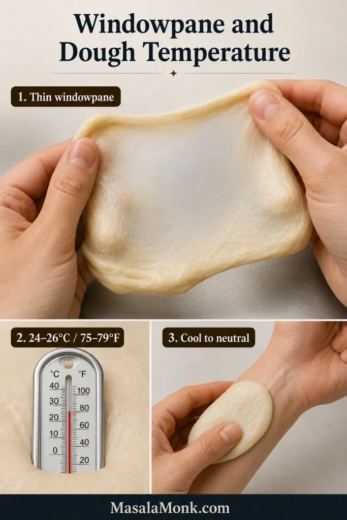 Hands stretching salt bread dough into a thin windowpane, with insets showing a dough thermometer range of 24–26°C and a wrist-touch cue.