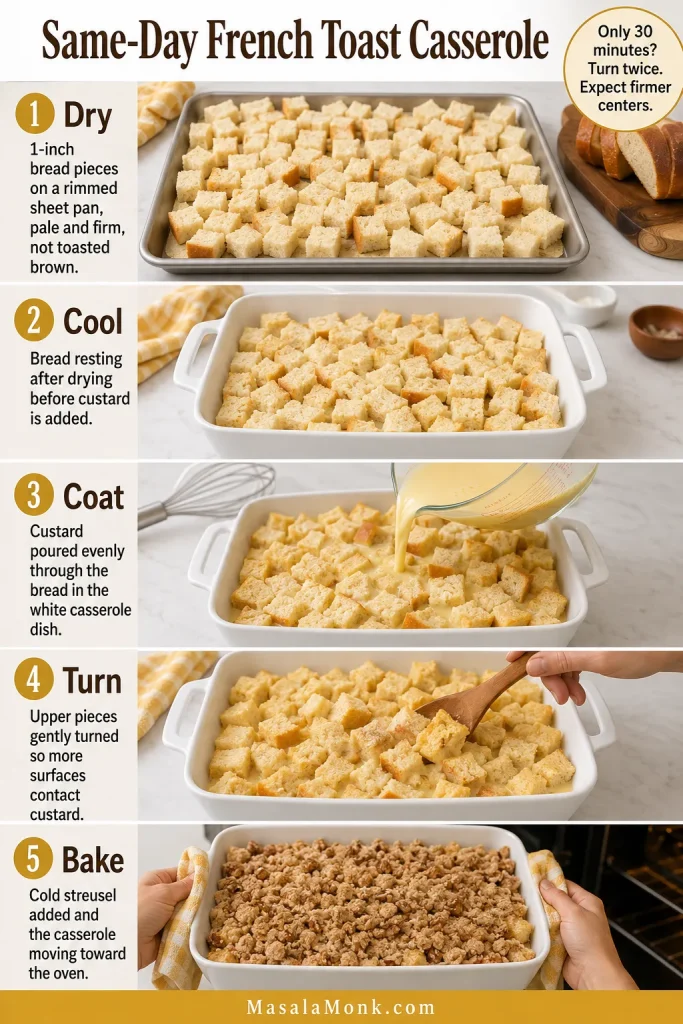 Five-step guide showing bread being dried, cooled, coated with custard, gently turned and topped before same-day baking.