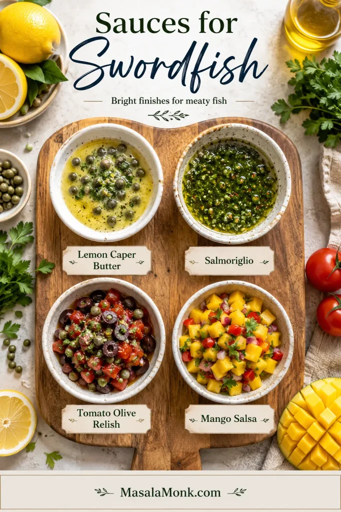 Overhead sauce board with bowls labeled lemon caper butter, salmoriglio, tomato olive relish, and mango salsa.