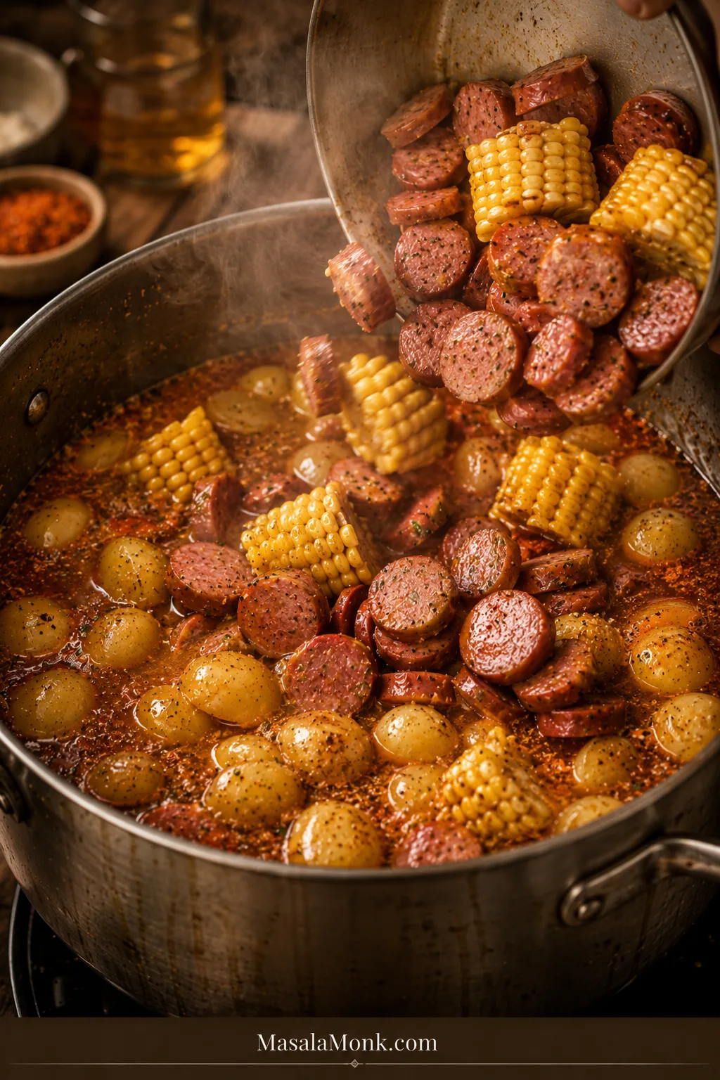 Smoked sausage rounds and corn being added to a seafood boil pot with potatoes already simmering.
