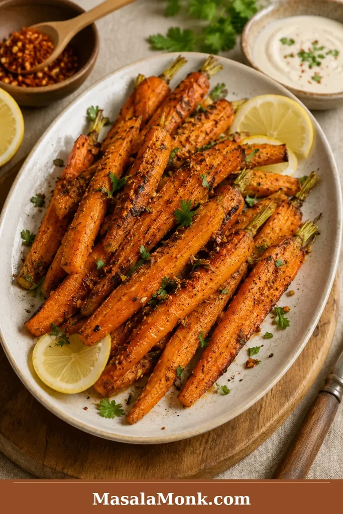 Savory roasted carrots with cumin, chili flakes, lemon, herbs, black pepper, and a creamy dip.