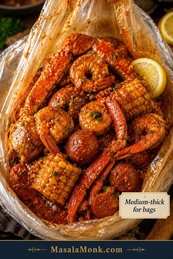 Seafood boil bag with shrimp, crab, corn, and potatoes coated in red-orange garlic butter sauce.