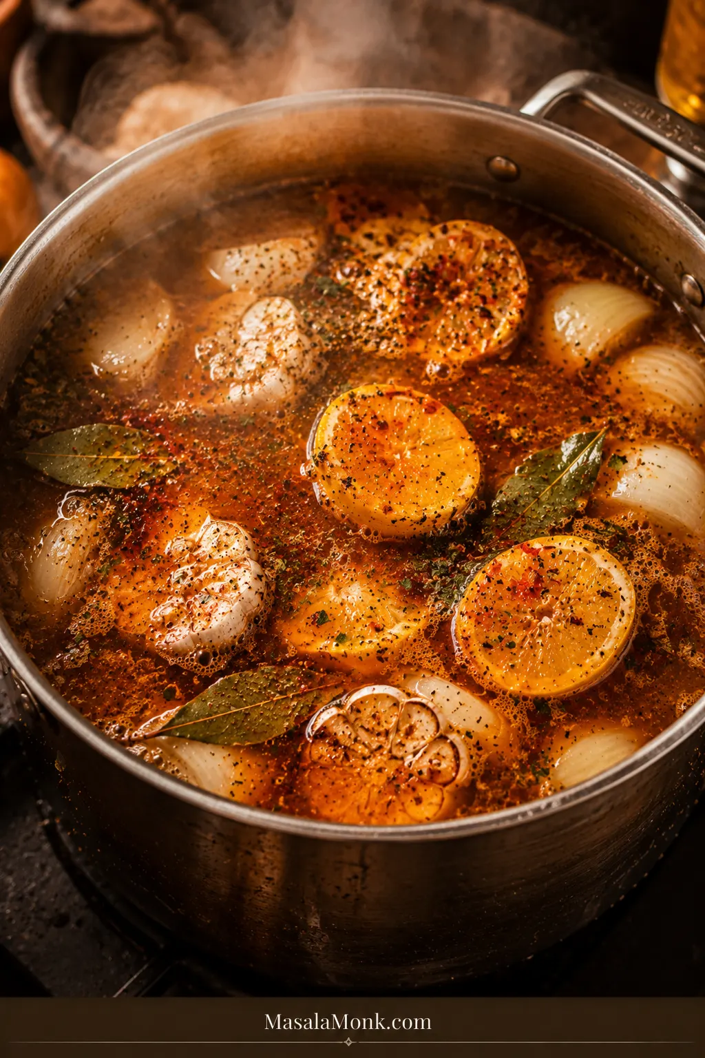 Stockpot of seafood boil broth with lemons, garlic, onion, bay leaves, Cajun seasoning, and steam.