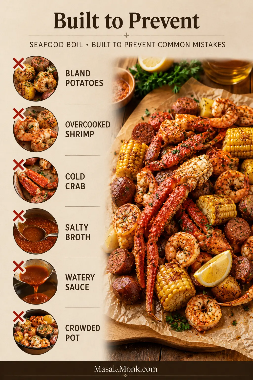 Checklist-style graphic showing problems this seafood boil recipe helps prevent, including bland potatoes, overcooked shrimp, cold crab, salty broth, watery sauce, and a crowded pot.