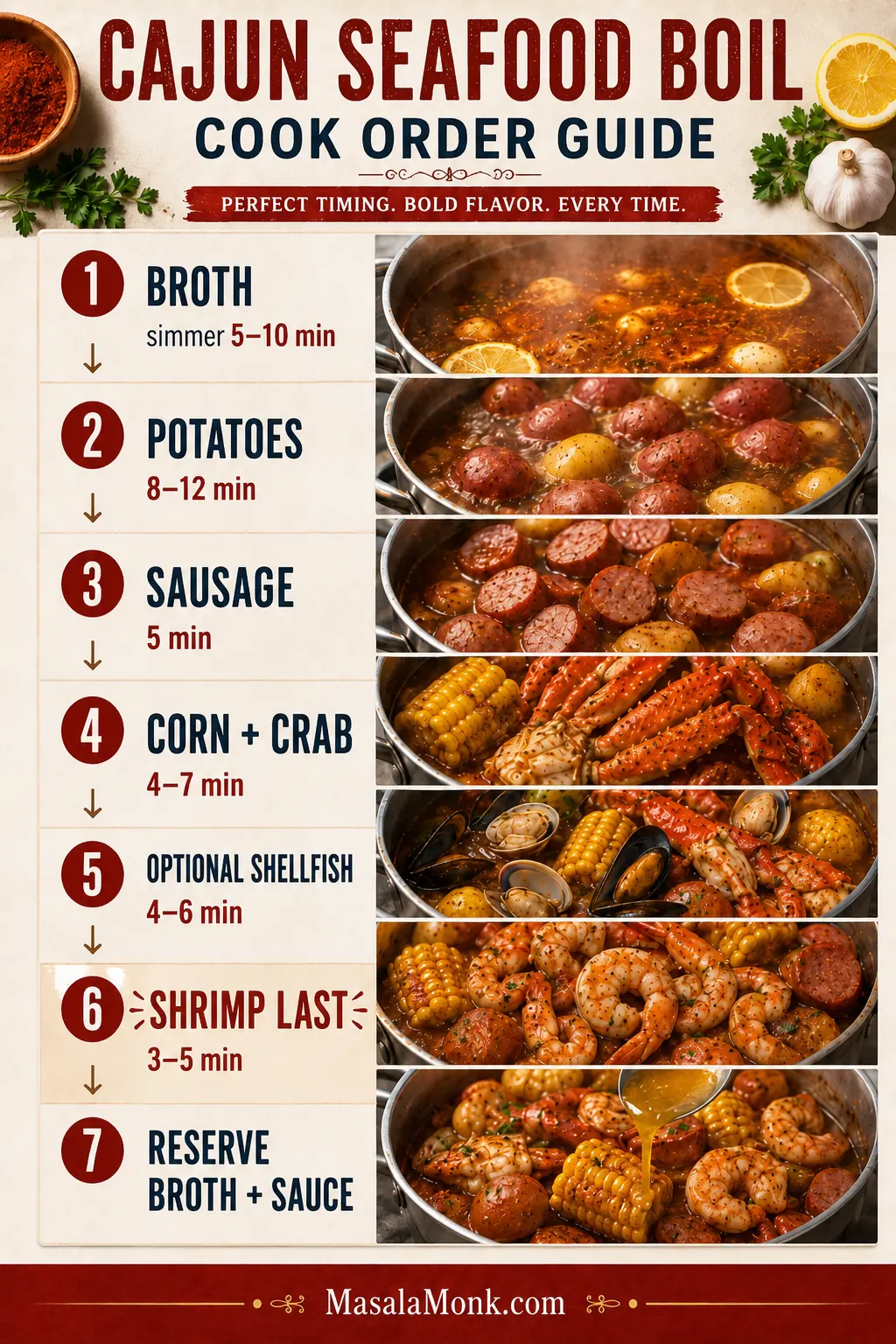 Step-by-step seafood boil cook order guide showing broth, potatoes, sausage, corn and crab, optional shellfish, shrimp last, and sauce.
