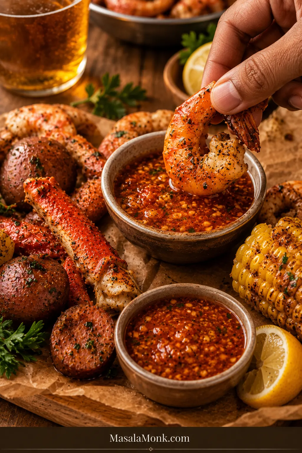 Small bowls of Cajun garlic butter sauce with shrimp, crab, corn, lemon, and parsley nearby.
