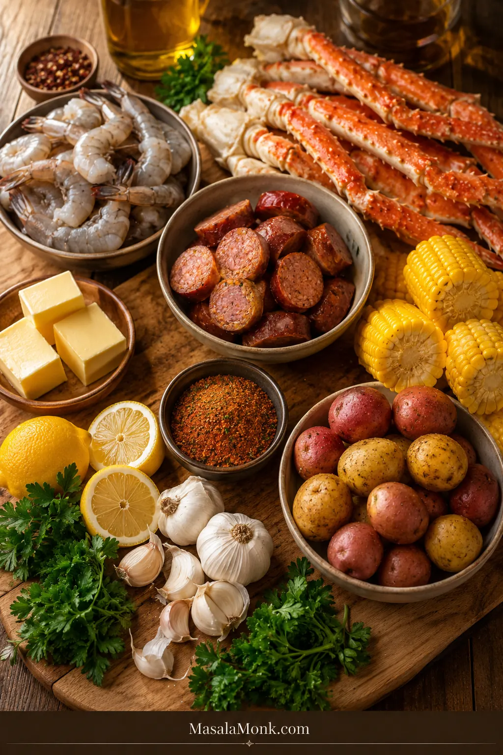 Ingredient spread for Cajun seafood boil with shrimp, crab legs, sausage, corn, baby potatoes, lemons, garlic, butter, Cajun seasoning, and parsley.