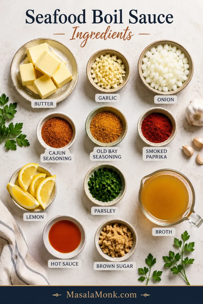 Ingredients for seafood boil sauce including butter, garlic, Cajun seasoning, Old Bay, lemon, parsley, and broth.
