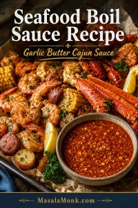 A tray of shrimp, crab legs, corn, baby potatoes, sausage, lemon wedges, parsley, and red-orange garlic butter Cajun seafood boil sauce.