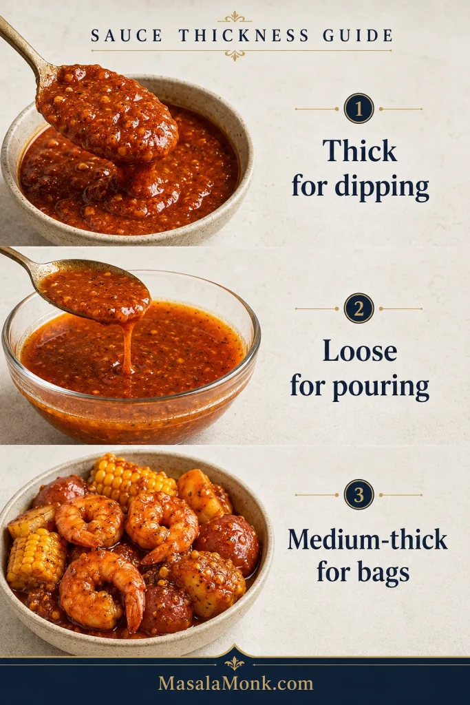 Seafood boil sauce thickness guide showing thick dipping sauce, loose pour-over sauce, and medium-thick bag sauce.
