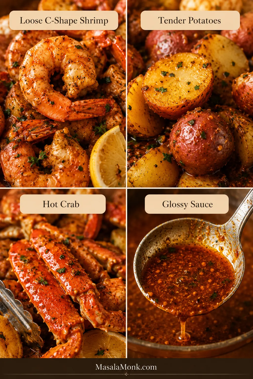 Premium guide showing loose C-shape shrimp, tender potatoes, hot crab, and glossy sauce doneness cues.