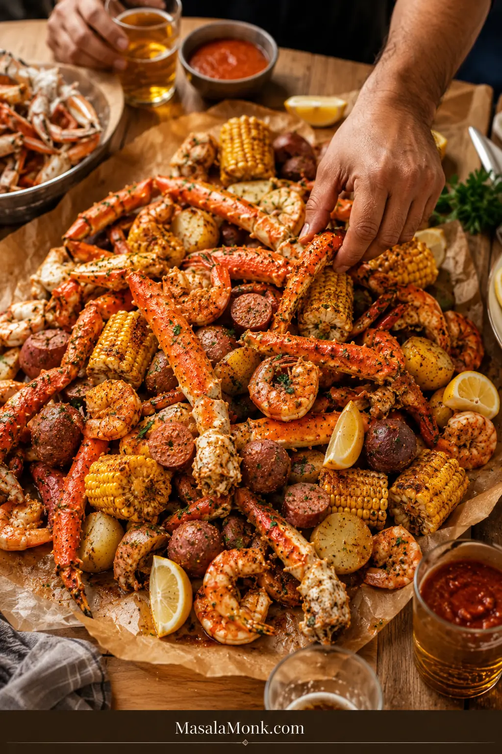 Communal seafood boil table with shrimp, crab, corn, potatoes, sausage, sauce bowls, lemon wedges, and serving tools on parchment paper.
