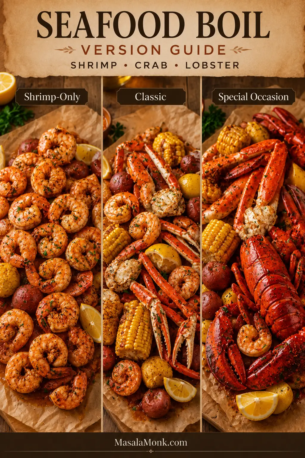 Comparison graphic showing shrimp-only, classic shrimp and crab, and special-occasion seafood boil versions.