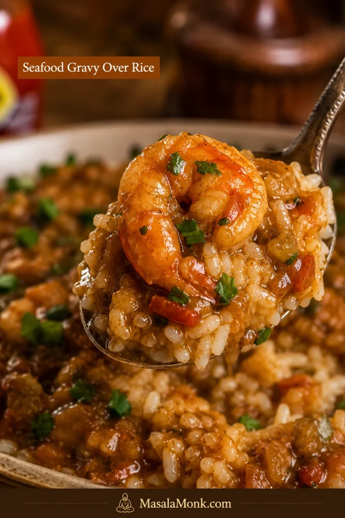 Spoonful of Cajun étouffée with thick sauce, white rice, shrimp, and crawfish