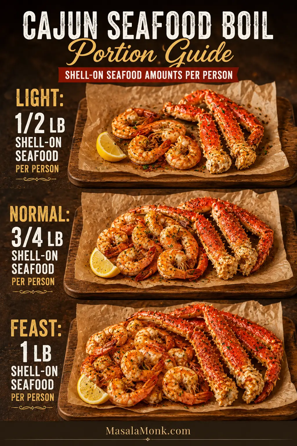 Seafood-per-person chart showing light, normal, and feast portions for shell-on seafood.