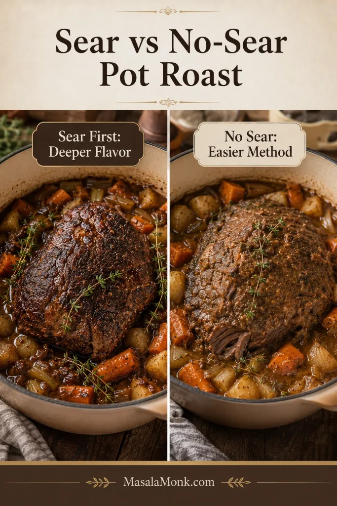 Side-by-side comparison of seared and no-sear pot roast showing the difference in flavor and finish.
