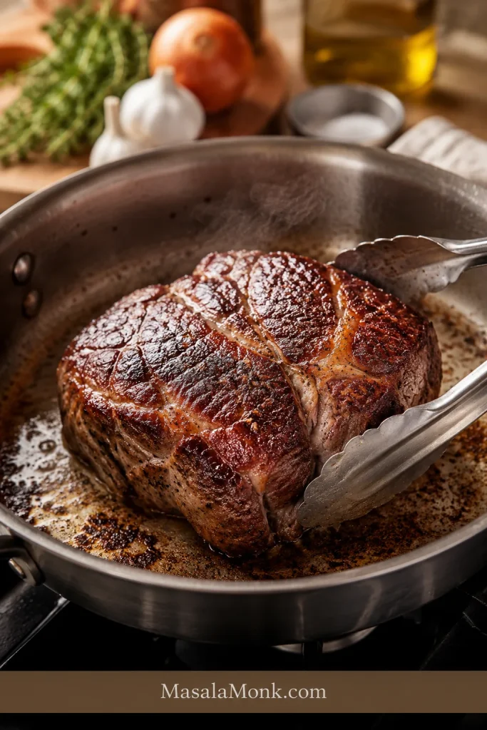 Chuck roast searing in a skillet with a browned crust before going into the slow cooker.